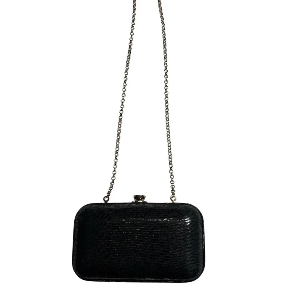 Ann Taylor Black Textured Clutch with gold Chain Strap